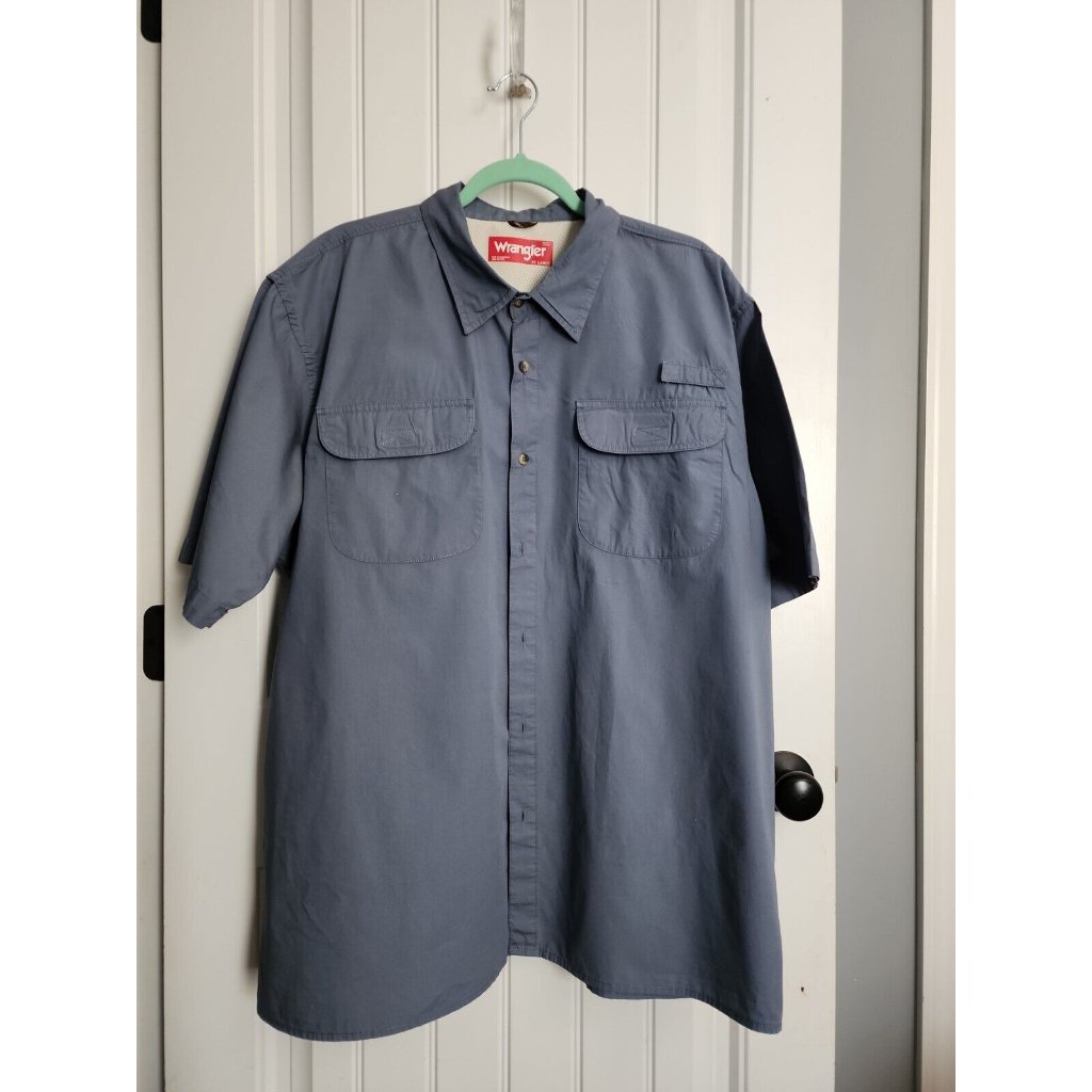 Wrangler Men Button Up Shirt 2xl Cotton Blue Short Sleeve Collar Pockets Casual